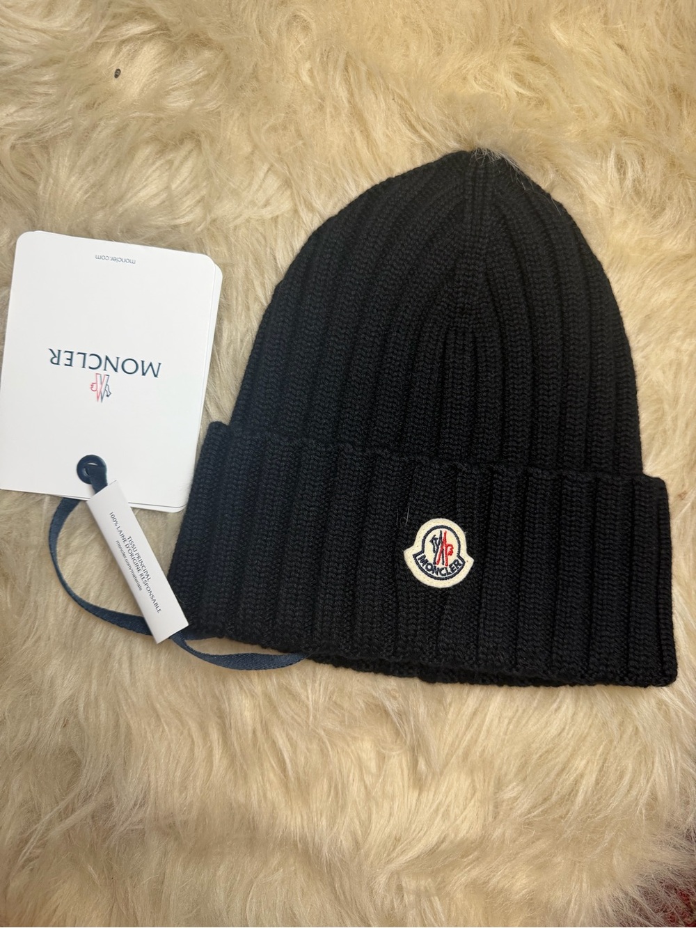 Moncler Black Logo Patch Rib Wool Beanie